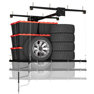 Carbon Steel Overhead Garage Ceiling Storage Rack 4 by 4 Foot Hand Crank Lift Heavy Duty Organizer in Black