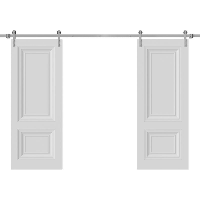 Double porte de grange | Essentiel - 1772 - blanc | Ensemble de rail argenté | Portes intérieures solides, 56 po x 84 po