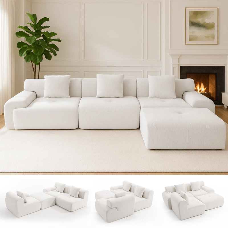 Corduroy Modern Compressed Block Sectional Couch, Beige Corduroy