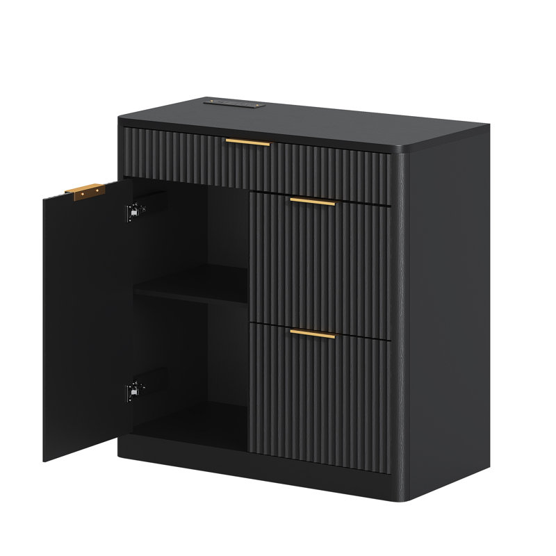 Classeur de bureau 31 po moderne autoportant avec station de charge intégrée, armoire de rangement à panneau cannelé avec tablettes intérieures réglables, grands tiroirs et portes d'armoire, organisateur polyvalent pour la maison et le bureau, noir