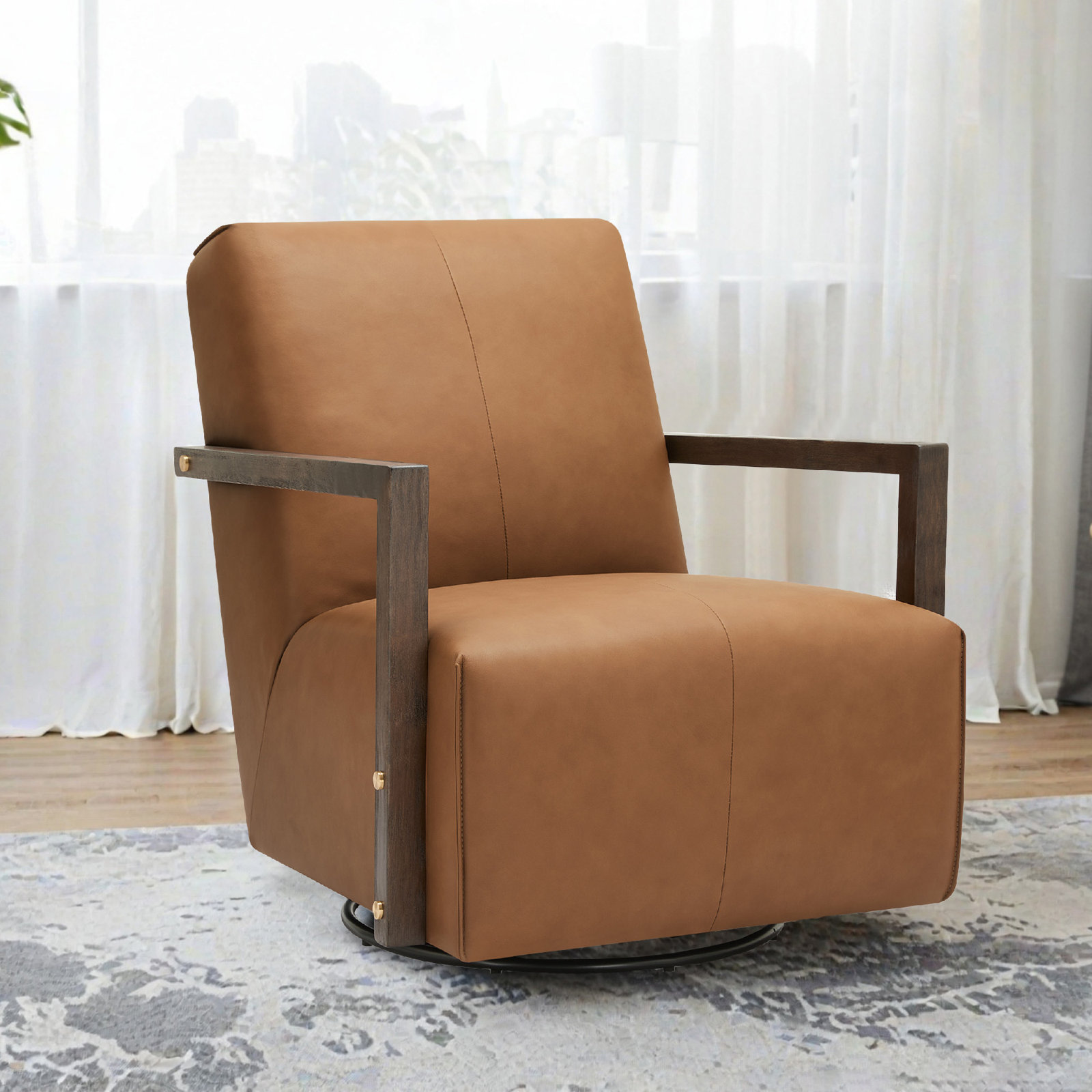 Camino Upholstered Swivel Armchair, Aline Butternut Genuine Leather