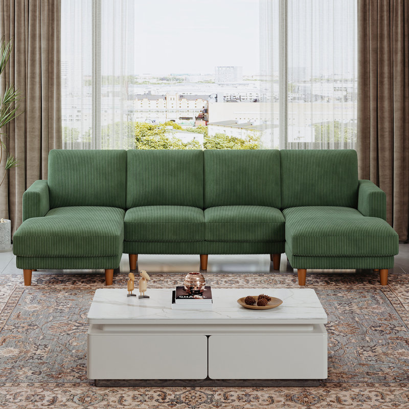 106" U Shaped Couch With Chaises, Corduroy Sectional Couches For Living Room No Tool Assembly, 4 Seats Loveseat Sofa Comfy Sectional Sofas