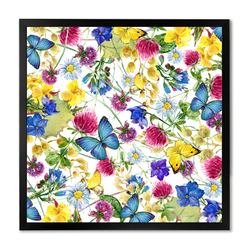 Herbes et fleurs avec papillon, Black Picture Framed Canvas, H 30 po x l 30 po x P 1 po