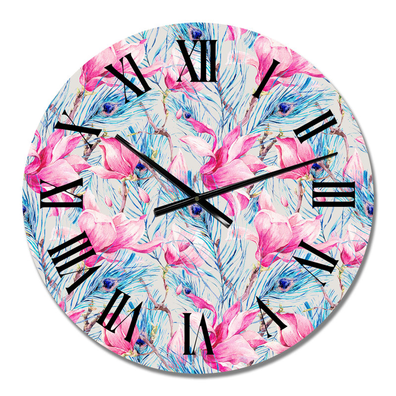 Motif avec magnolia et plumes de paon II - Horloge murale à motif, Petit