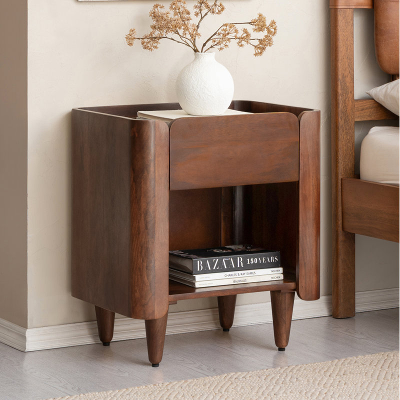 Helga Solid Wood Nightstand with 1 Drawer and Open Shelf Storage, Walnut