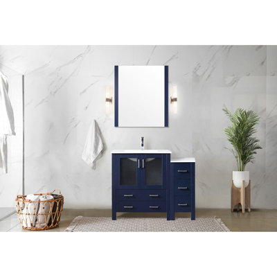 42 po Meuble-lavabo simple large bleu marine, avec armoire latérale, plateau en céramique blanche, fabrication en bois massif, fonction de fermeture en douceur, une armoire et cinq tiroirs pour le rangement, surface en grattage,