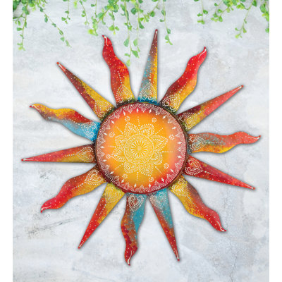 25 Inch Sun Metal Outdoor Wall Decor with Multi Color Weather Resistant Finish for Indoor and Outdoor Home Accent - Henna Sun