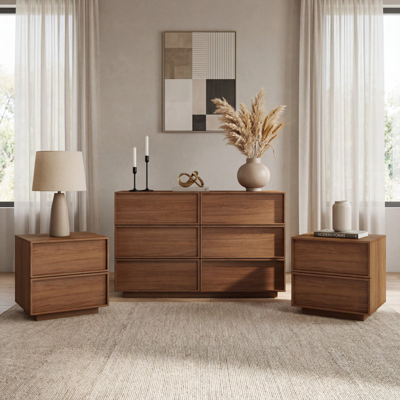 Ensemble de chambre à coucher 3 pièces Abbate (ensemble de commode à 6 tiroirs et de table de chevet à 2 tiroirs), Noyer