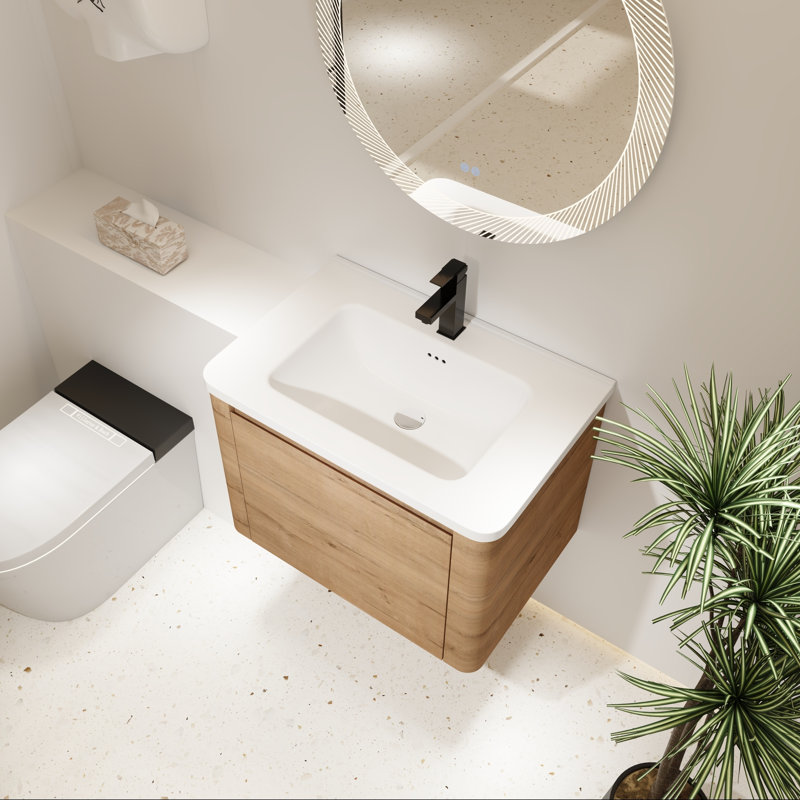 Meuble-lavabo mural avec lavabo en céramique et porte à fermeture douce en chêne imitation, 28"