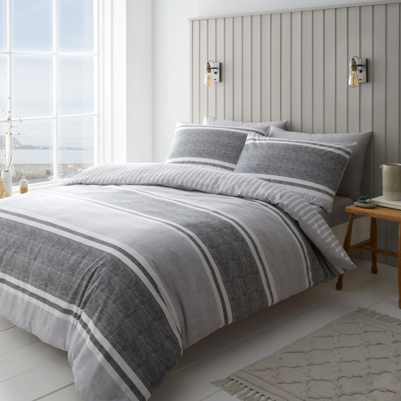 Textured Banded Stripe Reversible Duvet Cover Set with Pillowcases, Grey, Single - 1 Standard Pillowcase