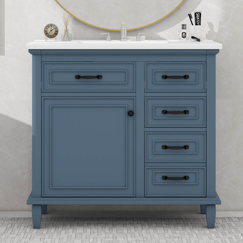 Meuble-lavabo 36 po avec lavabo en céramique lisse et tiroirs, Bleu / noir 