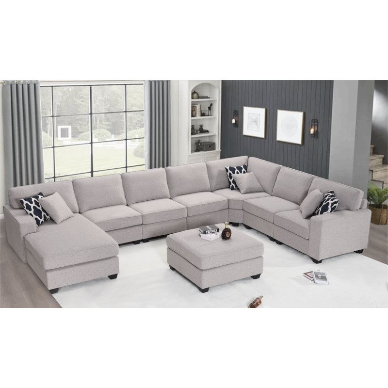 165.7" Wide Reversible Modular Sectional with Ottoman, Gray Polyester Blend
