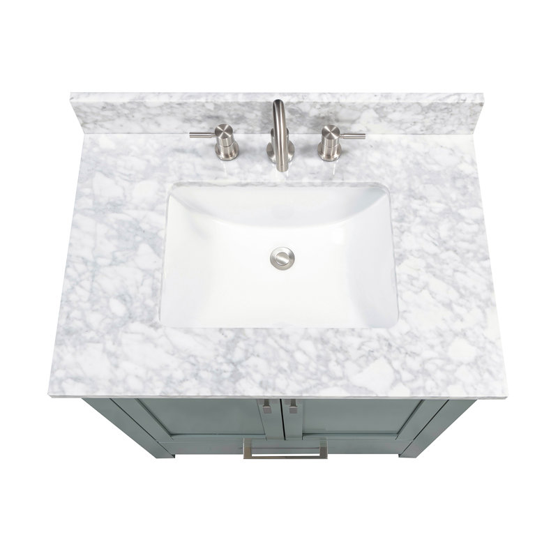 Souther 30" Single Bathroom Vanity with Top, Carrera White Marble, Brushed Nickel, Smoke Green