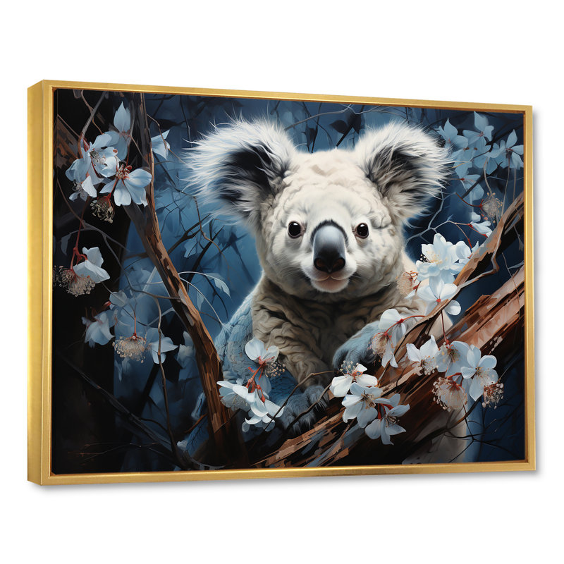 Koala grimpant en peluche - reproduction sur toile, Cadre flottant doré, H 24 po x l 32 po x P 1 po