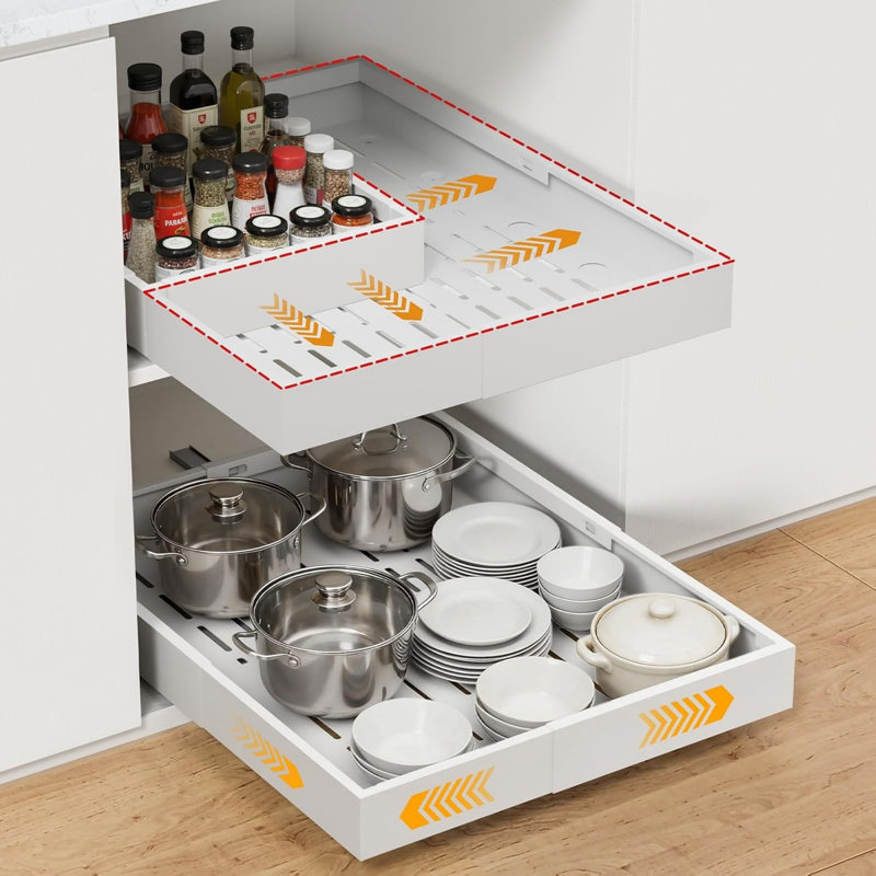 Metal 2 Pack Pull Out Cabinet Organiser, Expandable With 3 Rails, No Drill Slide Out Drawer