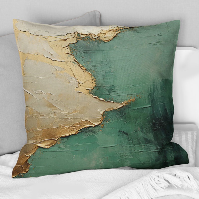 «Gold and Green Paint Fusion II» - Coussin décoratif avec peinture abstraite, 16" x 16"