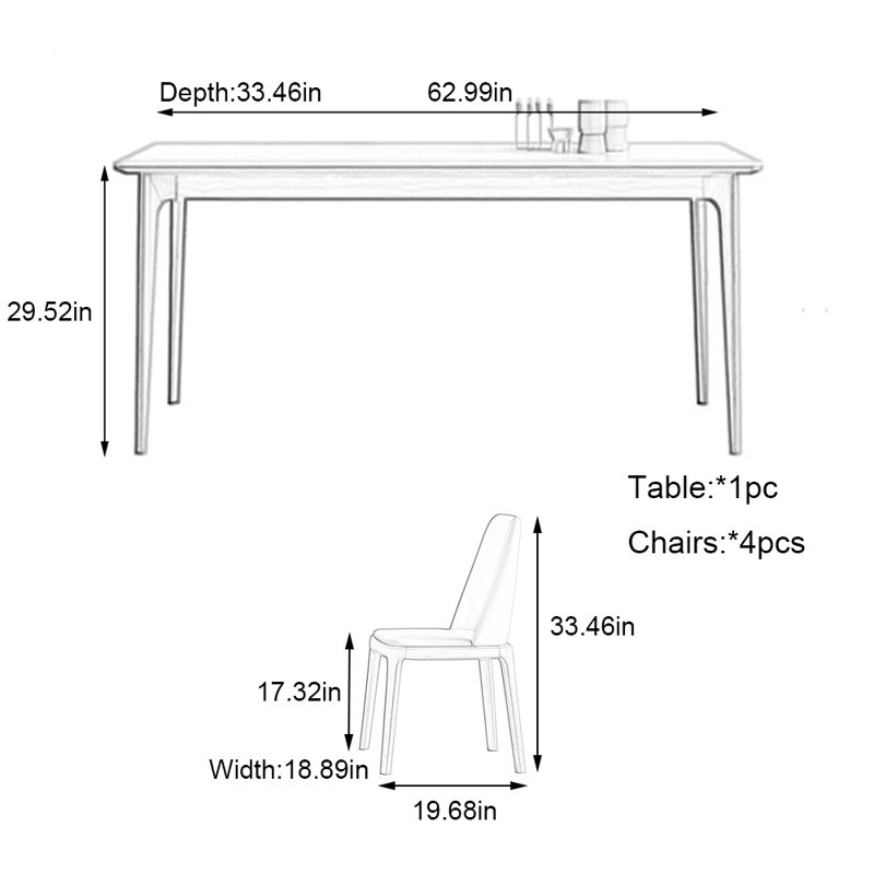 Ash wood solid wood rectangular table and chairs, 29.52"H x 62.99"L x 33.46"W