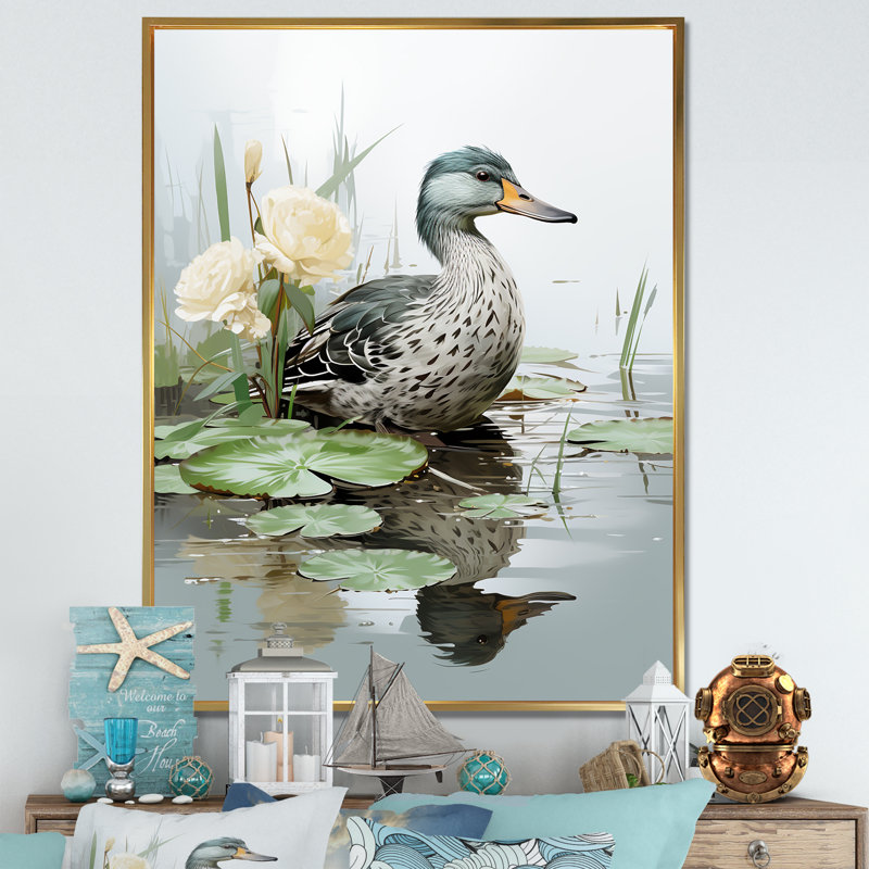 «Duck Pond Reflections V - Duck Animal», art mural, H 32 po x l 16 po x P 1 po, Cadre flottant doré