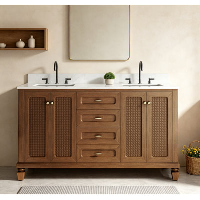 Meuble-lavabo double 60 po avec comptoir en marbre d'ingénierie, lavabo en céramique, dosseret