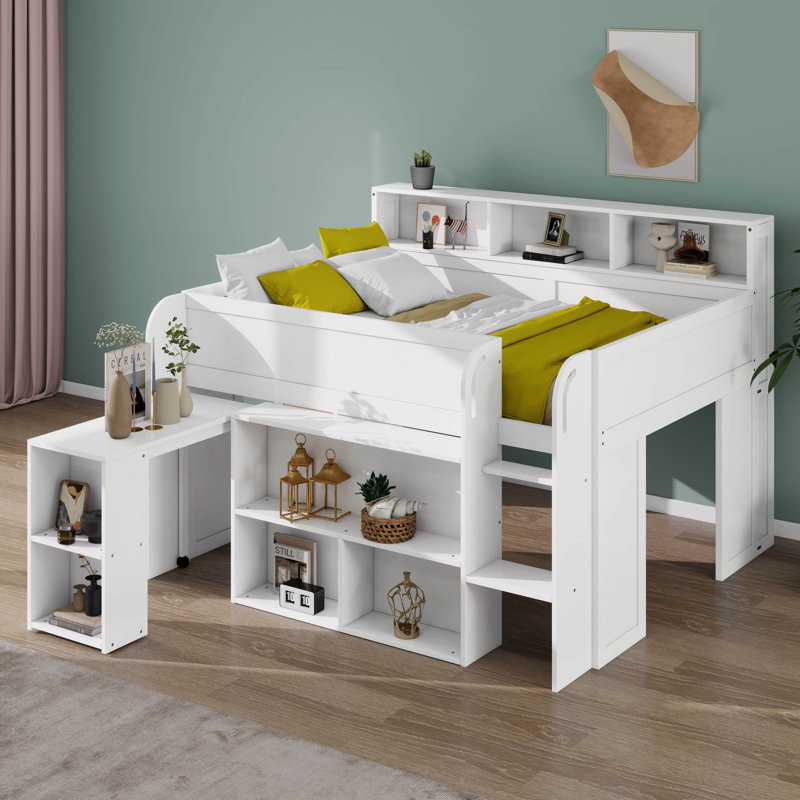 Lit mezzanine pleine grandeur pour enfants avec bureau et lit mezzanine en bois robuste à DEL avec plusieurs tablettes de rangement pour garçons et filles
