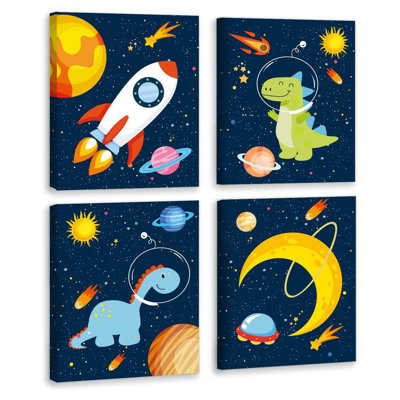 Outer Space Dinosaur Room Decor,Solar System Stars Wall Canvas Poster,Set Of 4 (8X10inch,Framed) Planet Astronaut Art Print,Rocket Decor For Boys Room Toddler Kids Room Classroom Space Decor