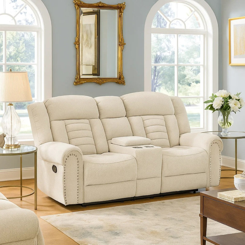 Reo Double Manual Reclining Loveseat With Console, Beige Chenille