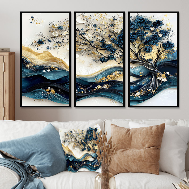 Bleu et blanc, arbre moderne en fleurs III - ensemble d'art mural cerisier en fleurs, Toile avec cadre flottant noir