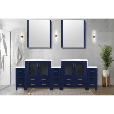 Meuble-lavabo double bleu marine 96 po En largeur et profondeur de 18,25 po, plateau en céramique blanche, structure en bois massif, système de tiroir à fermeture en douceur, 2 armoires intérieures à des fins de rangement, comptoir à teinture,