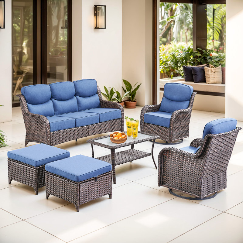  6-Piece Patio Furniture Set With Swivel Glider Chairs, 6-Inch Ultra-Plush Cushions & Water-Resistant Olefin Fabric, Blue