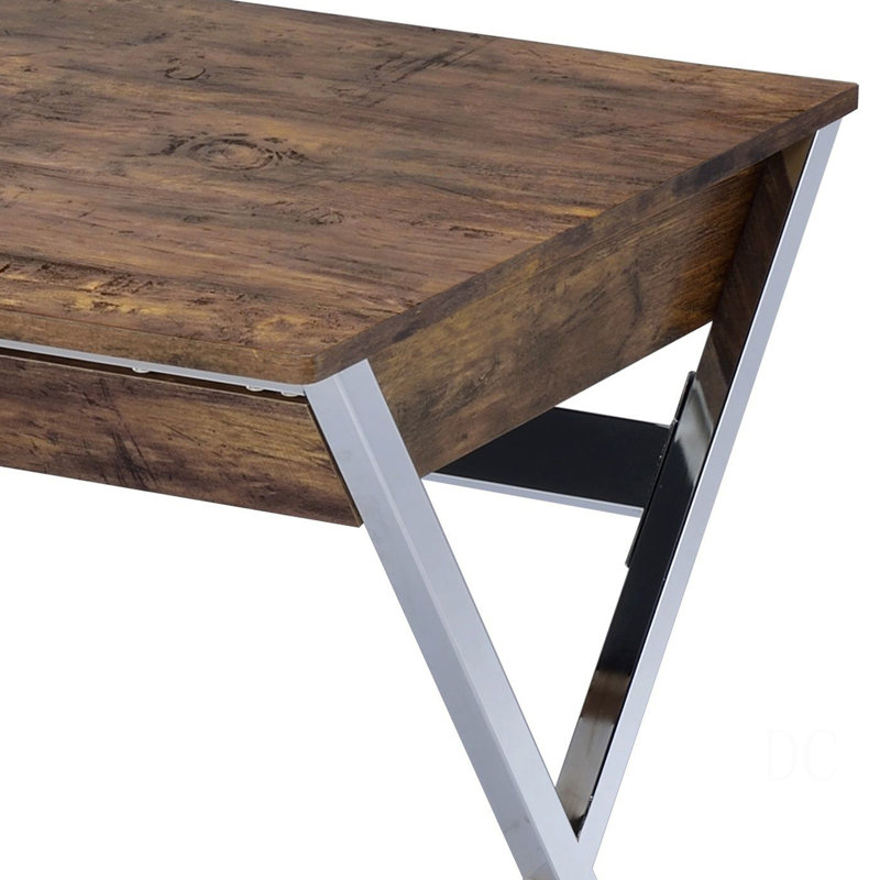Bureau d'écriture à 2 tiroirs en chêne patiné et chrome