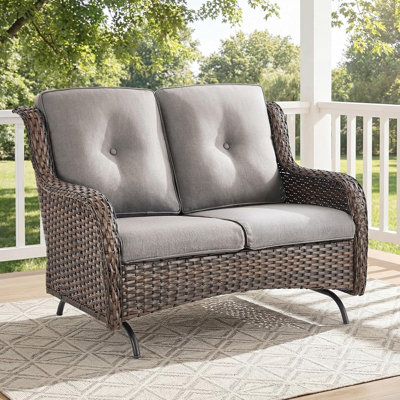 Canapé d'extérieur pour causeuse de patio en osier avec coussins de luxe épais, banc coulissant en rotin toutes saisons pour le jardin, le balcon et la cour arrière - Coussin brun en osier / gris (imperméable)