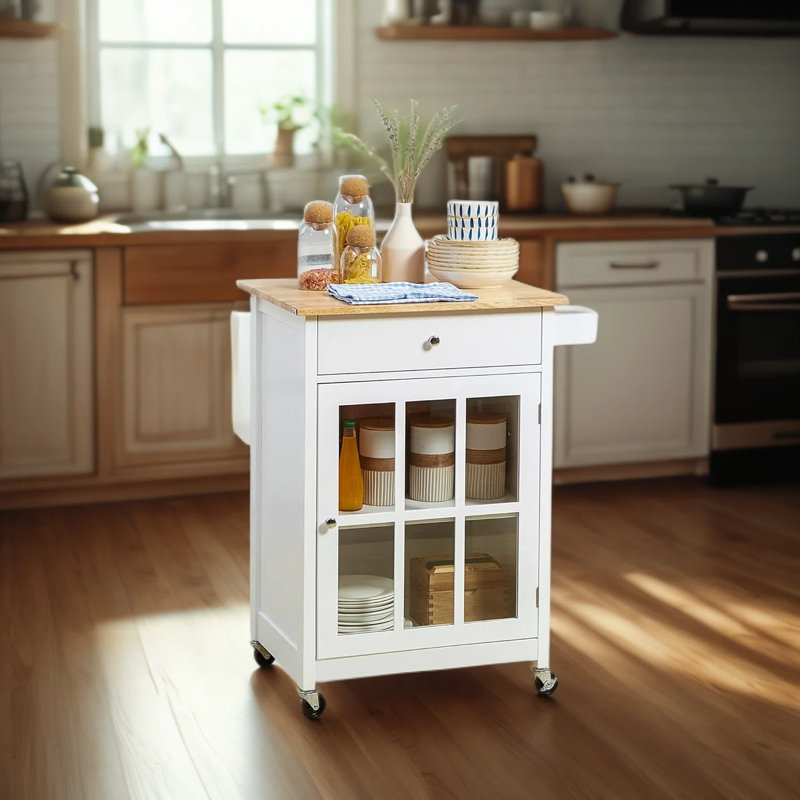 Chariot pour îlot de cuisine avec tiroir et porte vitrée, tablette réglable, porte-serviettes et 4 roulettes pour un rangement et une mobilité flexibles