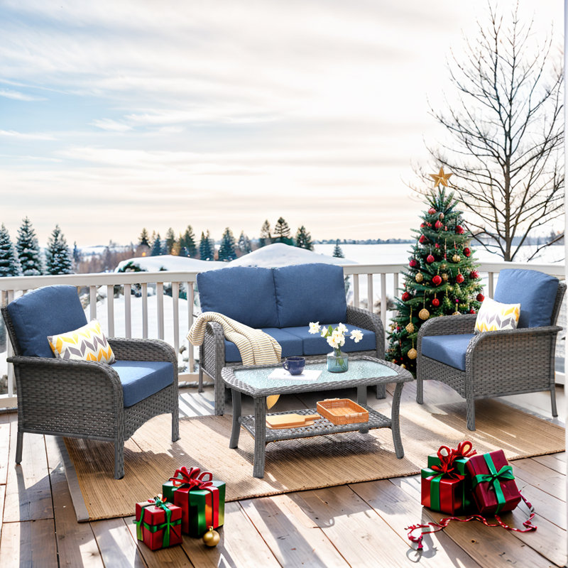4 Piece Rattan Sofa Seating Group with Cushions, Gray/Denim Blue