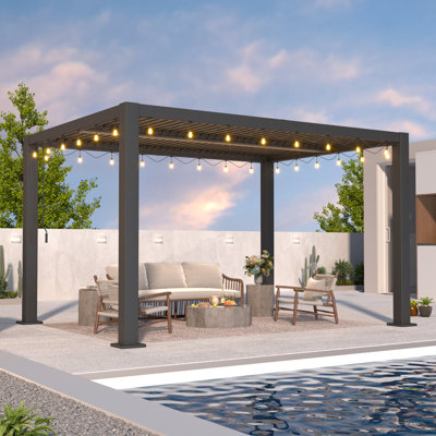 10'×13' Outdoor Louvred Pergola With Clear String Lights, Aluminum Outdoor Louvred Pergola Patio With Adjustable Roof For Outdoor Deck, Backyard, Garden (10x13ft With Light)