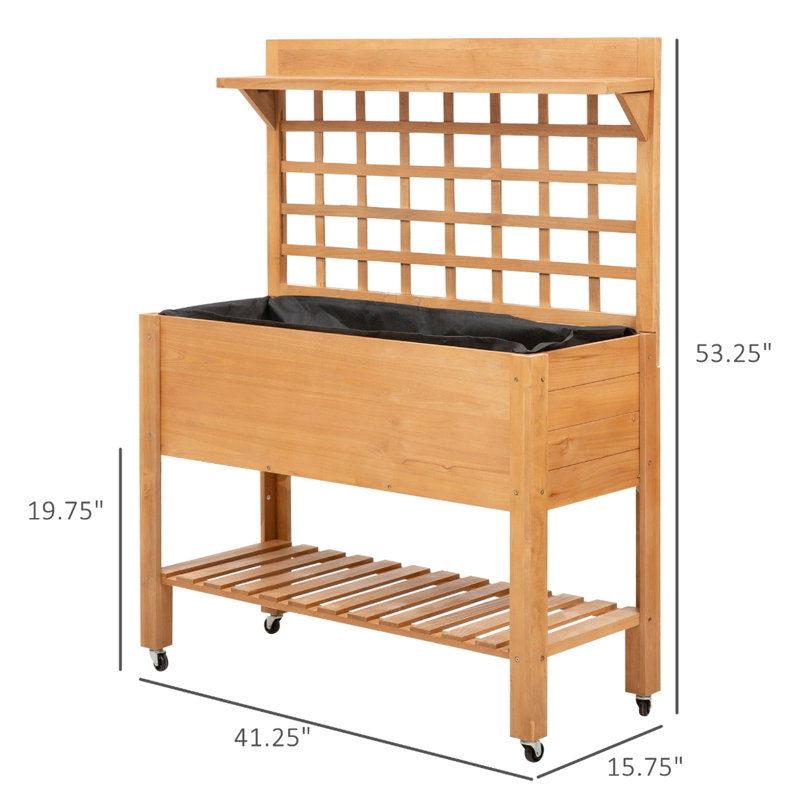 Boîte à fleurs surélevée à 3 niveaux en bois massif avec roues pour la plantation dans le patio ou la cour, espace de rangement sur plusieurs grilles décoratives de coquillages, L 41,25 po x l 17,75 po, H 53,25 po