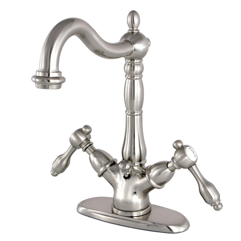 Kingston Brass Tudor Two-Handle 1-or-3 Hole Deck Mount Bathroom Faucet with Brass Pop-Up, Brushed Nickel