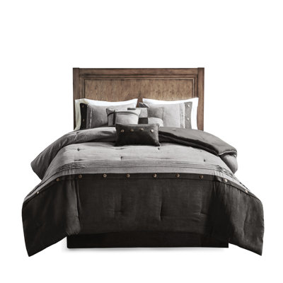 Édredon gris en faux suède 7 pièces - style chalet de style chalet avec boutons et coussins décoratifs en fer à vapeur doux et courtois