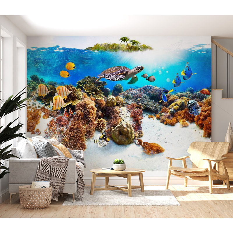 Murale récif de tortue de mer Aniyia, L 110 po x l 154 po