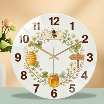 Horloge murale silencieuse en verre trempé de 30 cm, « Horloge Abeille Trèfle », sans tic-tac, fonctionne avec des piles (piles AA non comprises), décoration artistique pour la maison