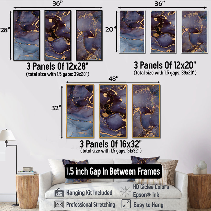 Mauve et or, art abstrait fluide de luxe - ensemble d'art moderne sur toile encadrée moderne de 3, H 20 po x l 36 po x P 1 po