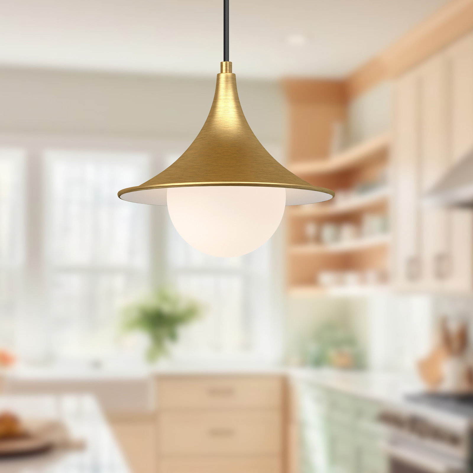 Hermit Single Light Glass Pendant, Brushed Gold/Opal Matte Glass, 83.63" H x 9.5" W x 9.5" D