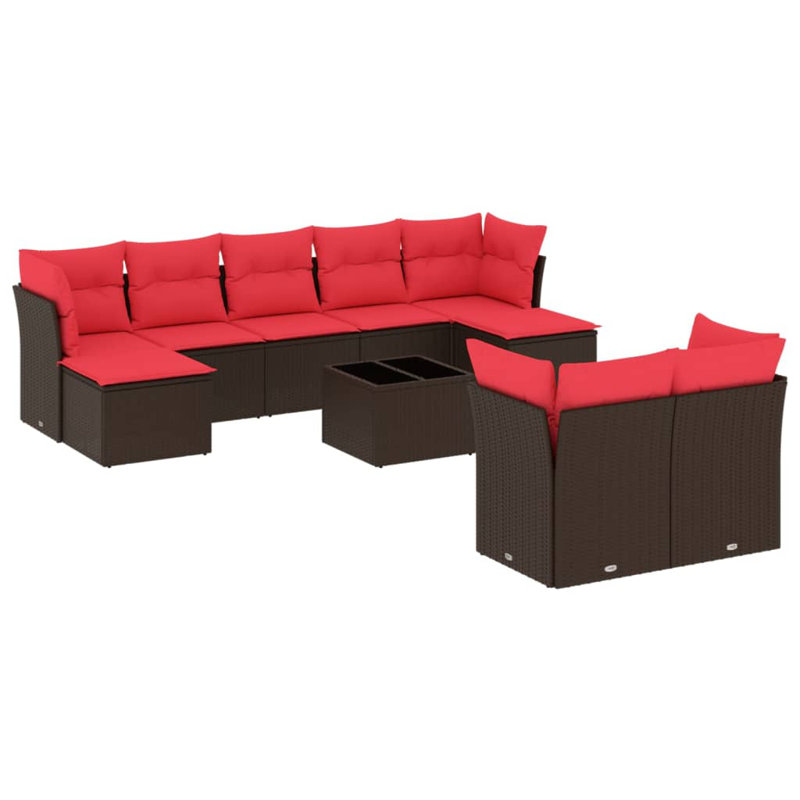 Ensemble de canapé de patio avec coussins en rotin de polyester, 10 pièces: 4 modulaires, 1 table, 3 fauteuils, 2, Rouge