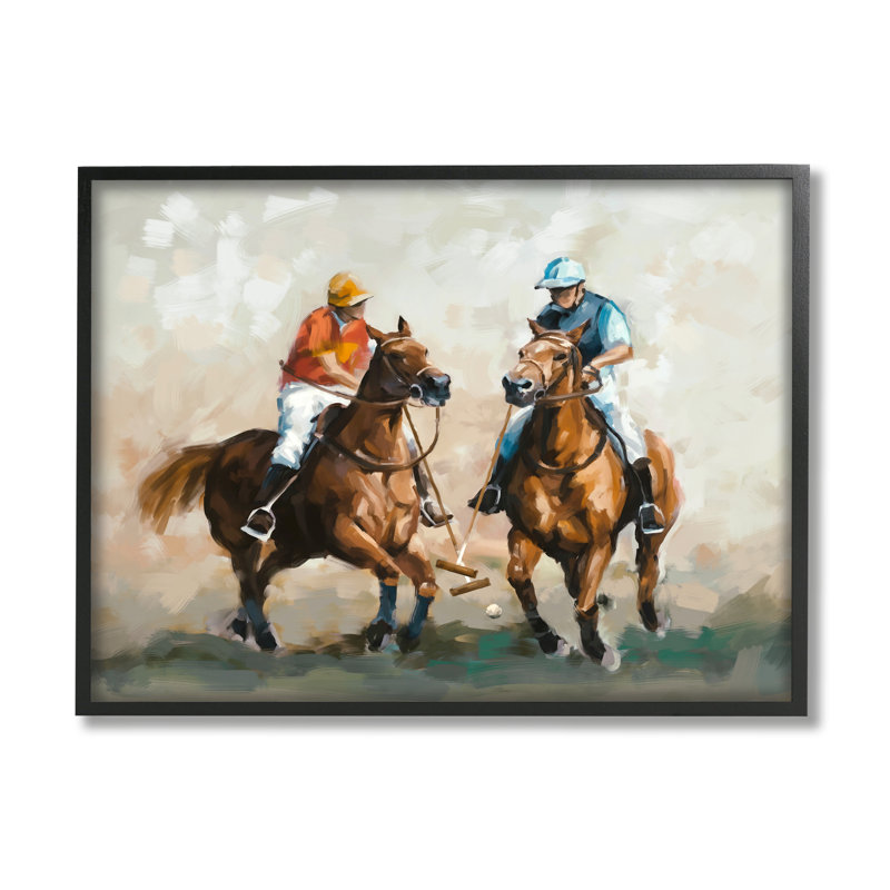 Peinture équestre de joueurs de polo sur bois par Ziwei Li, peinture, Giclée encadrée noir minuit