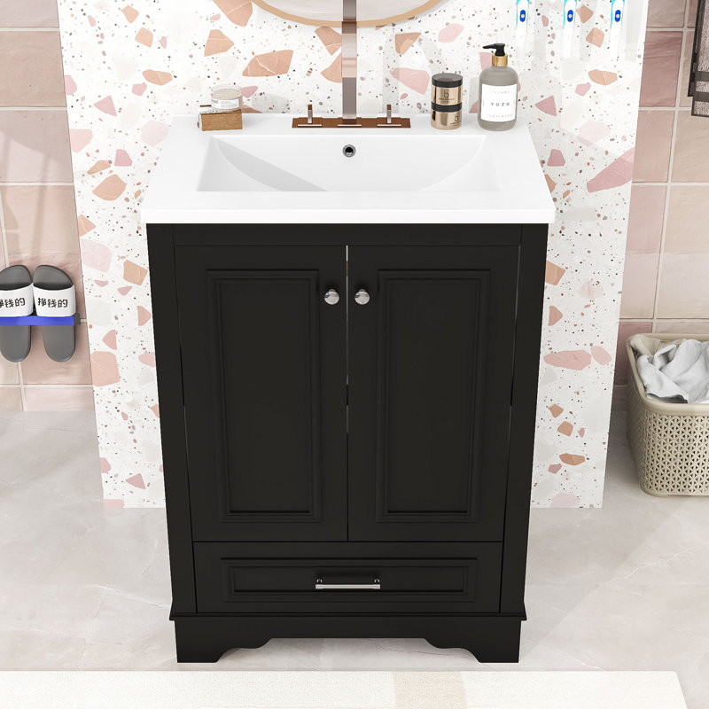 Meuble-lavabo à tiroir avec lavabo en céramique, tablettes réglables et armoire à fermeture en douceur, Noir, Argent argent