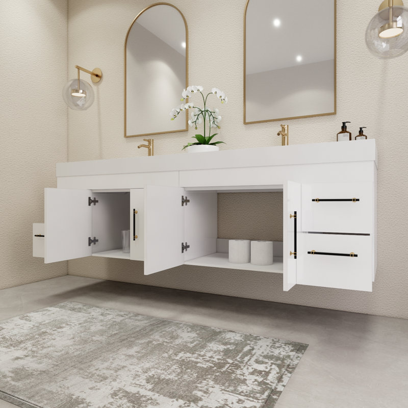 83.4" Wall-Mounted Double Bathroom Vanity Set, Glossy White