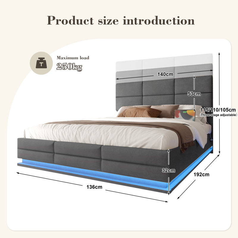 Upholstered Ottoman Storage Bed, Double (4'6), Grey