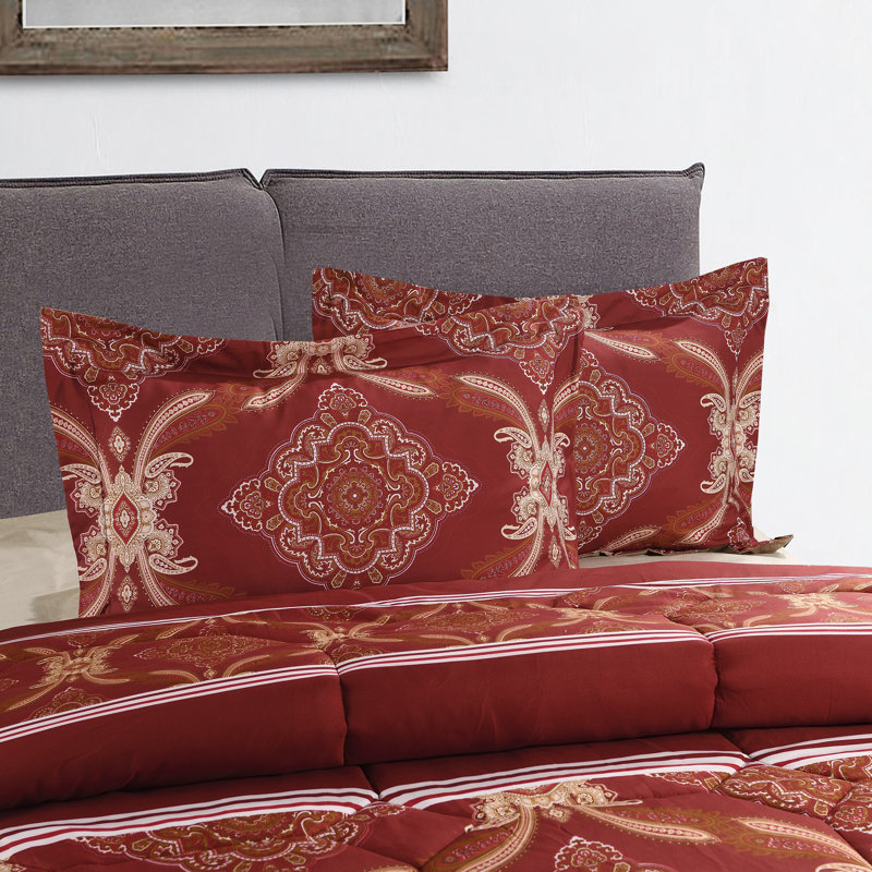 Printed Bedspreads 3 Piece Trendy Burgundy Comforter Bed Throw with Matching Pillow Shams