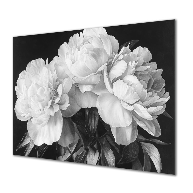 Pivoines en blanc et noir - art mural en métal pivoines, reproduction d'art traditionnelle en métal, H 12 po x l 20 po