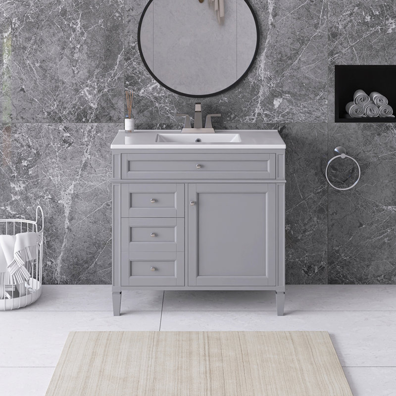 36'' Freestanding Single Sink Bathroom Vanity with Ceramic Top, Grey