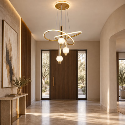 Lustre moderne doré à 3 lumières DEL avec boucle en acrylique, hauteur réglable et éclairage 3 couleurs